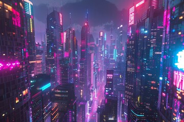 Obraz premium Vibrant futuristic city landscape With modern skyscrapers lit up with neon lights.