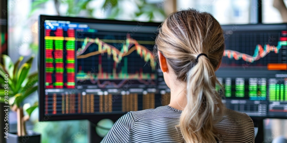 Poster a focused woman trader examines multiple stock market charts on computer monitors in a modern tradin