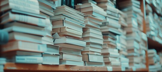Close-up view of numerous stacked books on wooden library shelves with a blurred background.