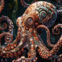 Mechanical octopus, adorned with intricate gears and cogs, navigating the uncharted territories beneath the oceans surface