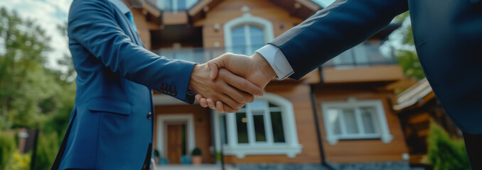 Two men shaking hands in front of a house, Real estate buying and selling concept