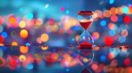 A red sand hourglass in sharp focus, with a colorful, bokeh light background symbolizing the passage of time. - obrazy, fototapety, plakaty