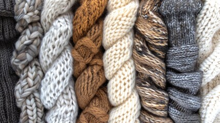 Close-up of a collection of thick, warm woolen sweaters in neutral colors.