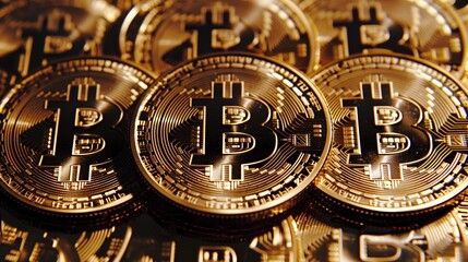 Gleaming Bitcoin Piles on Reflective Surface for Investment