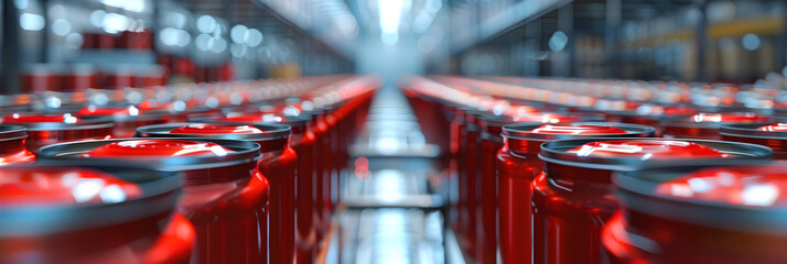 Thousands of beverage aluminum cans on conveyor line at factory.
