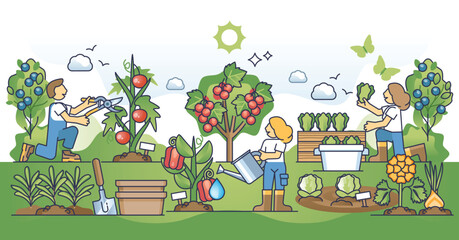 Edible landscaping and growing you own organic and fresh food outline concept. Sustainable lifestyle with local vegetables and fruits growing vector illustration. Environmental harmony in community.