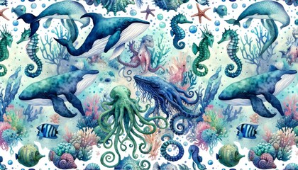 Sea animal watercolor pattern Illustration background.