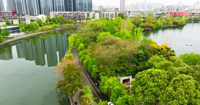 aerial cityscape of Chengdu urban view in the spring day with tree sprout fresh bud, car driving on the lakeside road