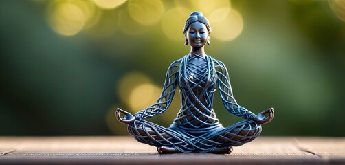 Woman in yoga pose, bent wire figure on nature backdrop, Creative figures symbol of yoga and harmony, art and serenity intersection. Female fitness yoga routine concept. Healthy lifestyle.