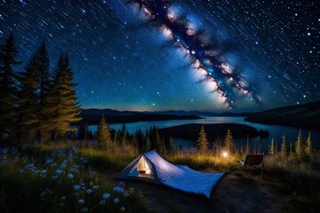 a reader finds solace beneath a blanket of twinkling stars. Surrounded by the timeless beauty of nature, the reader's imagination takes flight, carried away on a literary adventure under the vast expa - obrazy, fototapety, plakaty