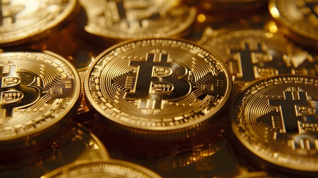 Lustrous Bitcoin Collection on Reflective Surface