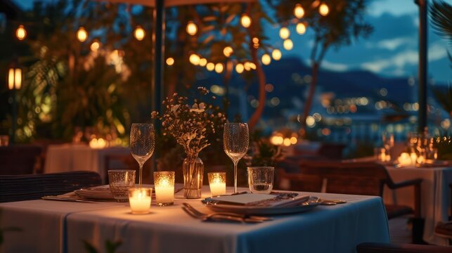 romantic dinner setting, featuring a beautifully arranged table with soft lighting and intimate decor