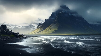 Fantasy landscape with a river and mountains in the background - obrazy, fototapety, plakaty