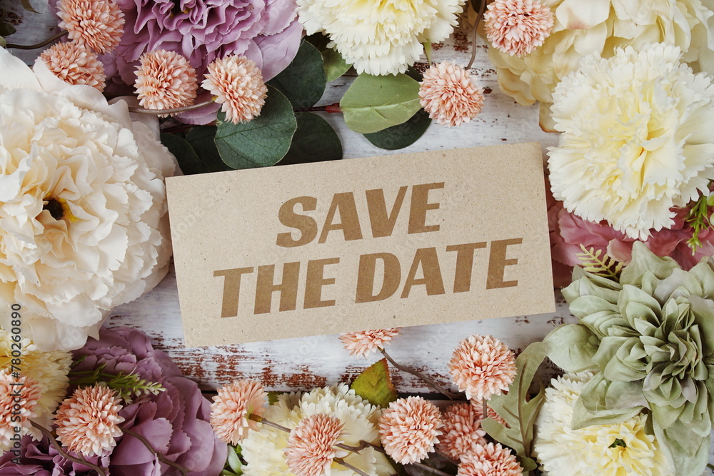 Poster save the date text message on paper card with flowers border frame on wooden background