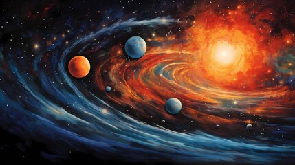 The cosmos ablaze with hues of tangerine and sapphire, swirling in cosmic rhapsody."
