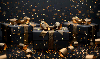 Elegant black gift boxes with luxurious golden ribbon bows and shimmering confetti scattered on a black background, Generative AI 