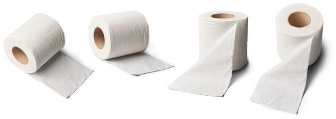 toilet paper rolls in different angles, single ply soft personal hygiene sanitation tissue for bathroom toilet or lavatory, mock-up template with shadows isolated white background