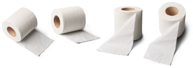 toilet paper rolls in different angles, single ply soft personal hygiene sanitation tissue for bathroom toilet or lavatory, mock-up template with shadows isolated white background
