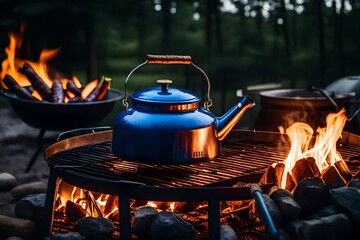 Blue tea water kettle and foil wrapped vegetables on grill in fire pit at campground with red flame fire burning in evening.