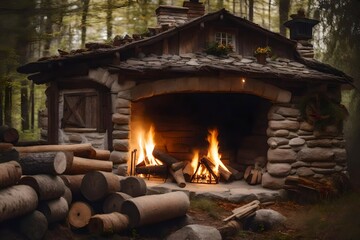Concept for fairytale and dreaming theme. Very authentic rural house with grunge stone decor elements and great fireplace with burning logs.