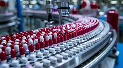 Obraz premium The rhythmic procession of capsules signifies the relentless drive for mass production excellence in the pharmaceutical realm. 