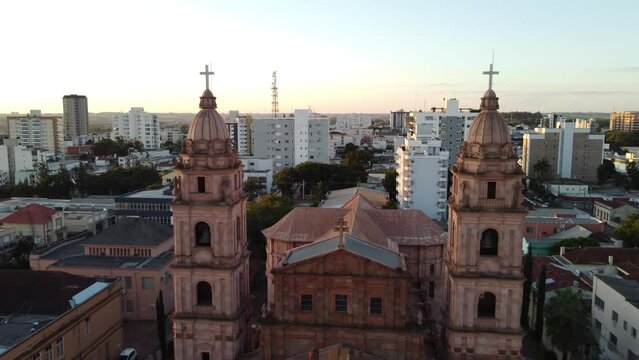Aerial image of the cathedral of the city of Santo Angelo in the interior of Rio Grande do Sul in the interior of Brazil. Tourist spot for the Jesuits. Seven missions people.