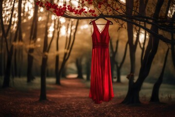 A vertical shot of a red dress hanging from a branch of a tree.