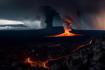 A landscape of lightening erupting from Volcano with smoke and a hazy sky.