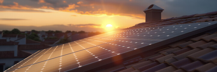 Nahaufnahme von Solarpanelen auf dem Dach eines Hauses bei Sonnenuntergang. Umweltbewusst Energie sparen und die Kraft der Natur nutzen, erneuerbare Energie - obrazy, fototapety, plakaty