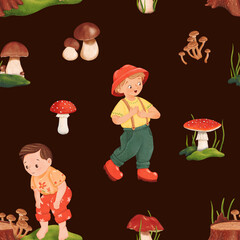 Seamless woodland pattern with little mushroom pickers. Forest glade. Dark background. Edible penny bun and delicious porcini. Dangerous and poisonous fly agaric. Autumnal watercolor