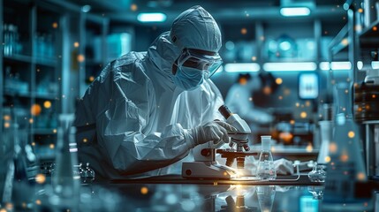 A diligent scientist, clad in sterile attire, meticulously examines specimens under a microscope within a controlled lab environment.
 - obrazy, fototapety, plakaty