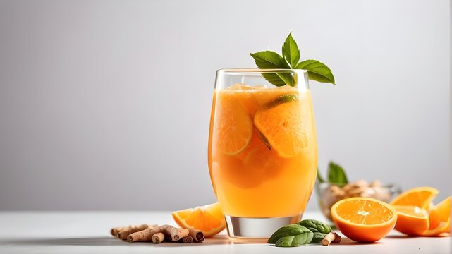Close-up of a detox drink made of orange and ginger displayed on a white background with room for text or a product advertisement. Happy sun drinking orange juice