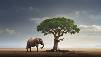 Lonely rhino on tree - obrazy, fototapety, plakaty