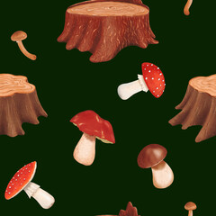 Woodland seamless pattern featuring aged textured tree stumps and various mushrooms. Edible penny bun and delicious porcini mushrooms. Dangerous poisonous fly agaric. Dark background