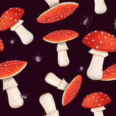 watercolor seamless pattern. poisonous fly agaric mushrooms with spiders, forest fungi. Dark background children's wallpapers, stationery, covers, and wrapping paper. Halloween atmosphere