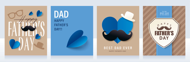 Set of 4 Father's Day greeting cards in modern paper cut style. Vector illustration for cover, poster, banner, flyer and social media. - 780262836