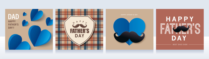 Set of 4 Father's Day greeting cards in modern paper cut style. Vector illustration for cover, poster, banner, flyer and social media. - 780262854