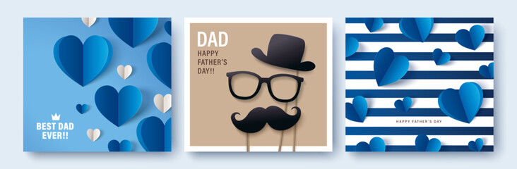 Set of 3 Father's Day greeting cards in modern paper cut style. Vector illustration for cover, poster, banner, flyer and social media. - 780262861