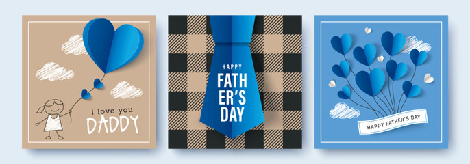 Set of 3 Father's Day greeting cards in modern paper cut style. Vector illustration for cover, poster, banner, flyer and social media. - 780262862