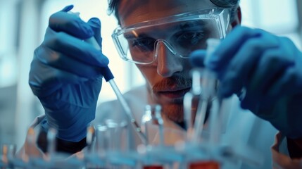 The meticulous scientist, clad in protective gear, deftly wields a pipette, manipulating a sample within a test tube, epitomizing precision in laboratory experimentation.

