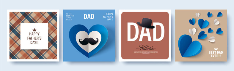 Set of 4 Father's Day greeting cards in modern paper cut style. Vector illustration for cover, poster, banner, flyer and social media. - 780262877