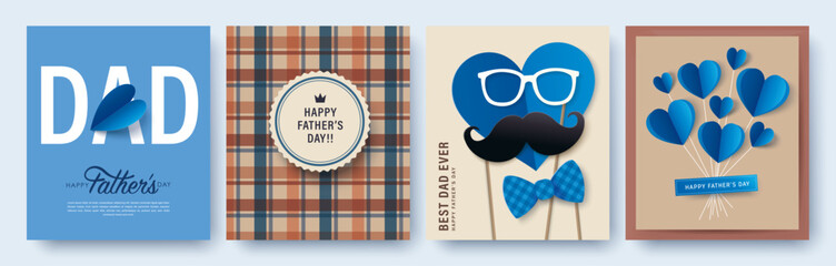 Set of 4 Father's Day greeting cards in modern paper cut style. Vector illustration for cover, poster, banner, flyer and social media. - 780262889