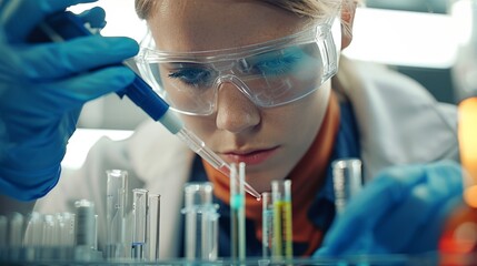 Clad in gloves and goggles, the scientist's unwavering focus is evident as they skillfully employ a pipette to handle samples with utmost care, emblematic of scientific rigor.
