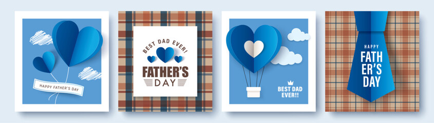 Set of 4 Father's Day greeting cards in modern paper cut style. Vector illustration for cover, poster, banner, flyer and social media.