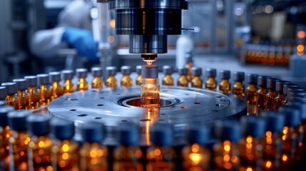Vials being filled by precision machinery, a hallmark of pharmaceutical manufacturing, vital for producing medicines and vaccines.
