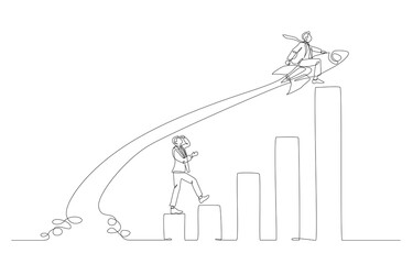 Continuous one line drawing of businessman riding rocket overtake competitor on chart, business competition concept, single line art.