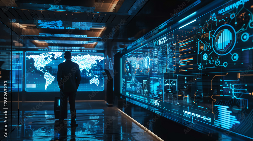 Poster person standing in a futuristic data monitoring room with modern virtual display screen