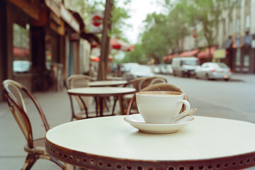 Coffee cup on table outdoors, Vintage retro style sidewalk cafe scene