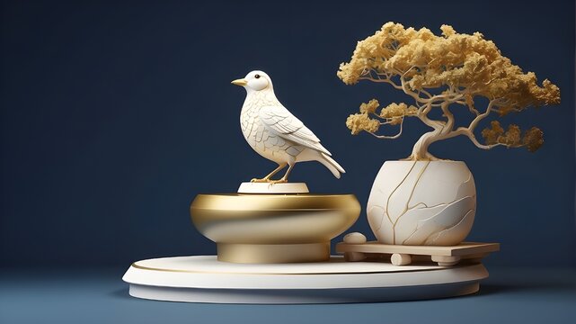 Modern futuristic stone podium and product pedestal in pastel white and gold colors. Tiny bird and bonsai tree on a deep blue backdrop. 3D Sketchup. (2)