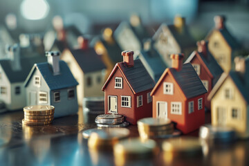 Houses and Stack of gold coins. Background for Property tax, housing finance, home ownership and real estate concept.
